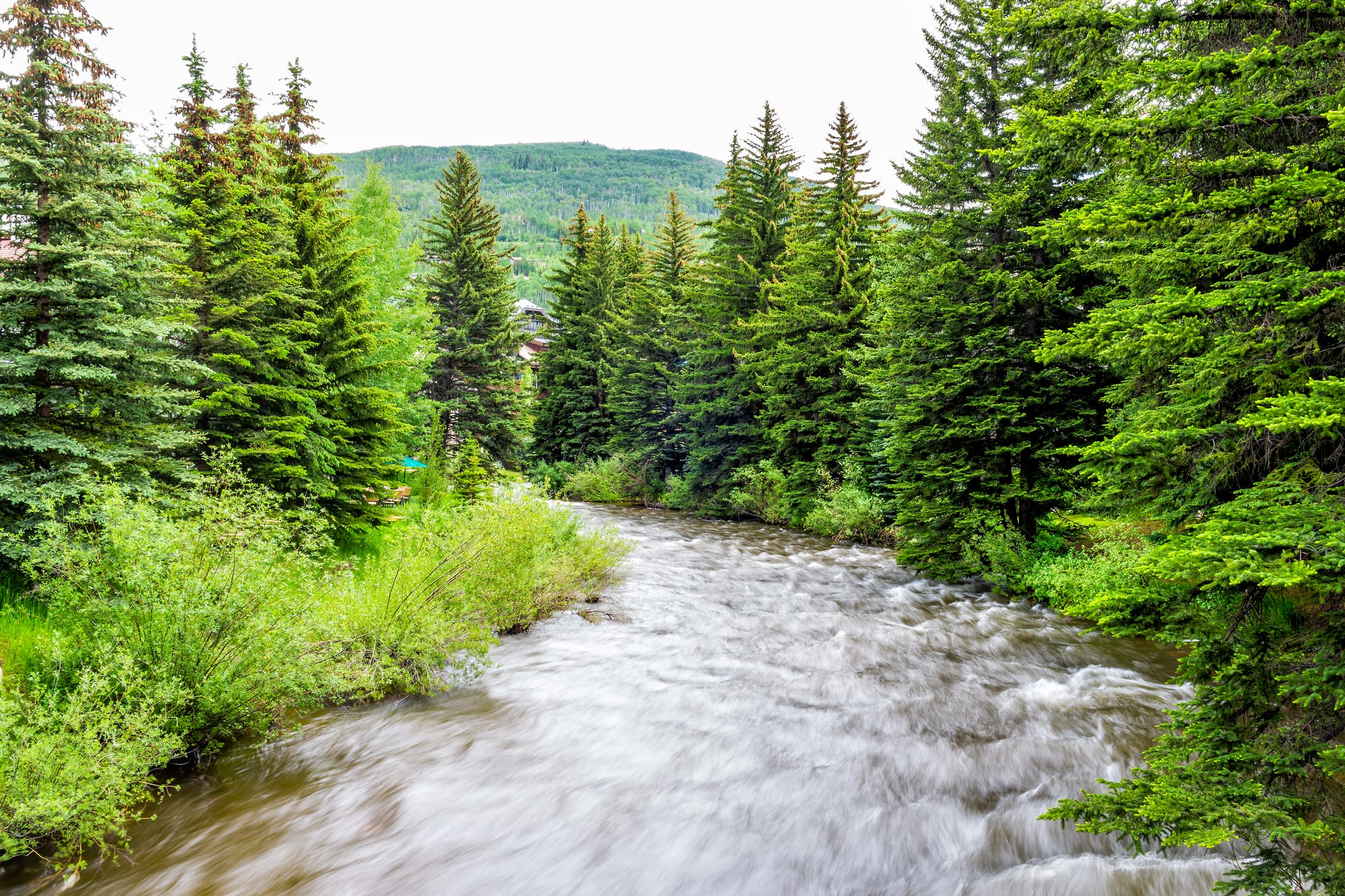 Vail resort town in Colorado with long exposure of Gore creek river and pine trees